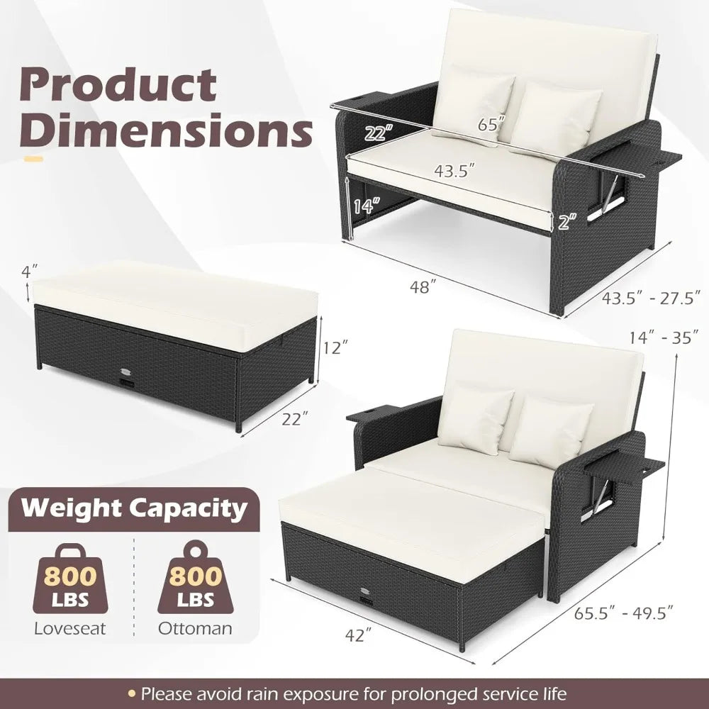 XIAOLANG Outdoor Patio Rattan Daybed With Cushions And Storage Ottoman