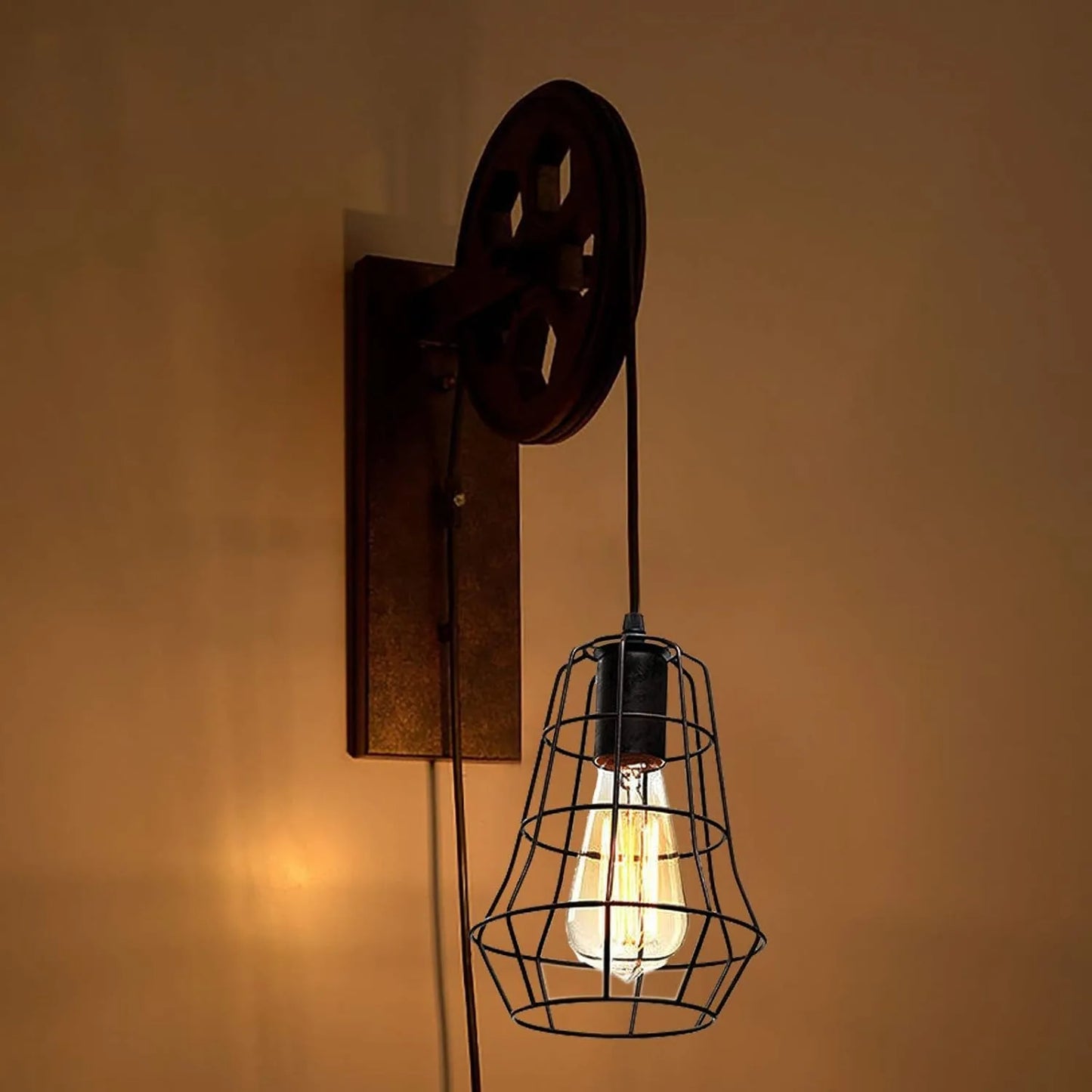 Bymaocar Industrial Wall Sconce Lift Pulley Iron Cage Shade