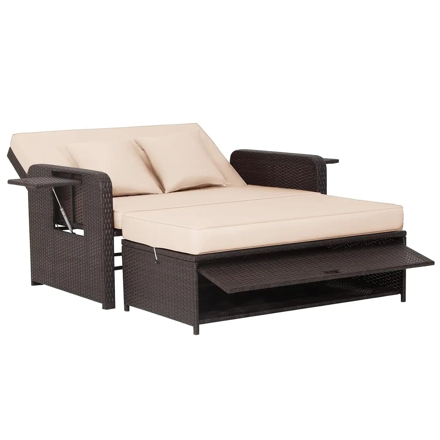 XIAOLANG Outdoor Patio Rattan Daybed With Cushions And Storage Ottoman