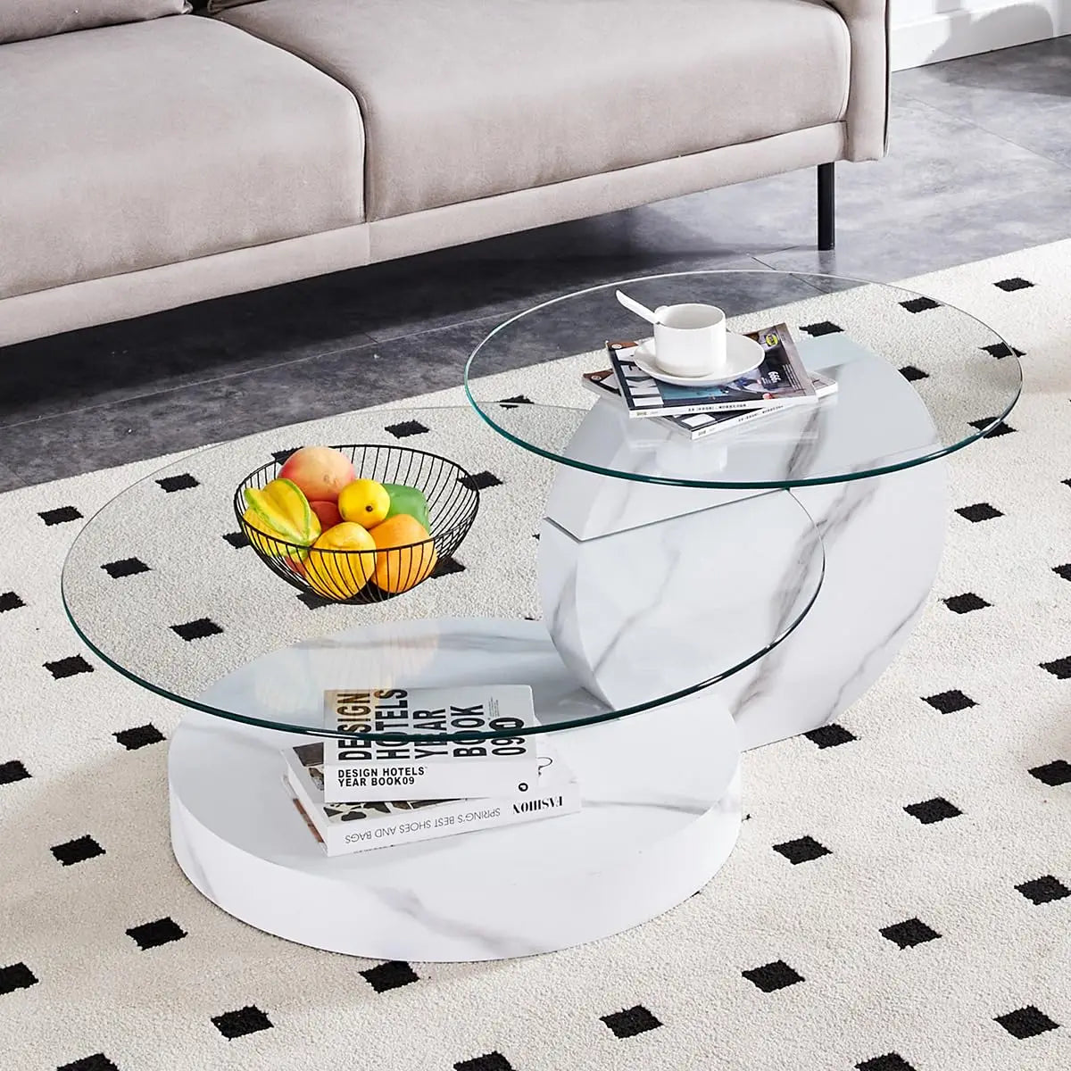 Round Glass Coffee Table With Wood Base Storage Modern Design