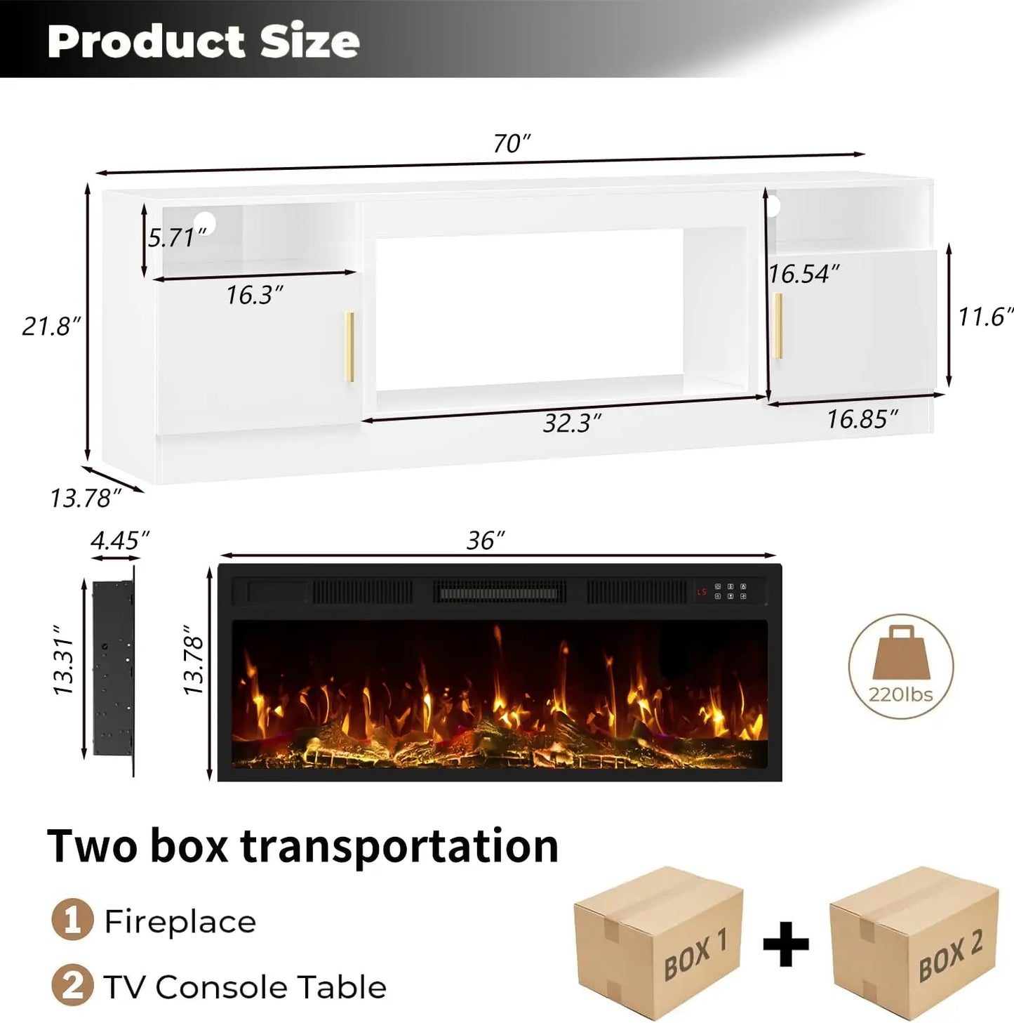 TV Stand With Fireplace LED Lighting For Living Room