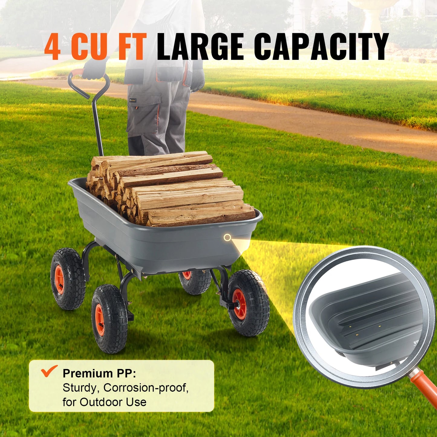 SucceBuy Poly Garden Dump Cart With Steel Frame 2-In-1 Handle