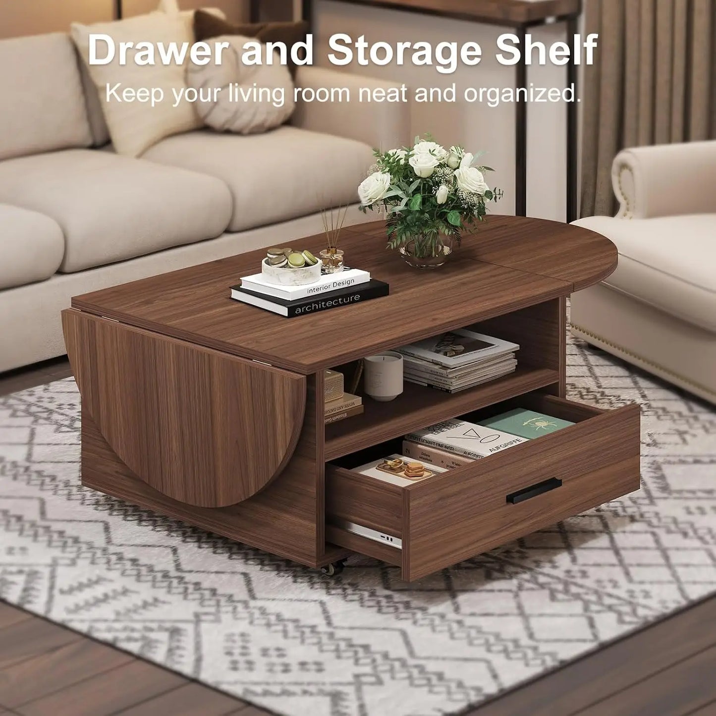 Guangbai Foldable Wood Coffee Table With Drawer And Storage