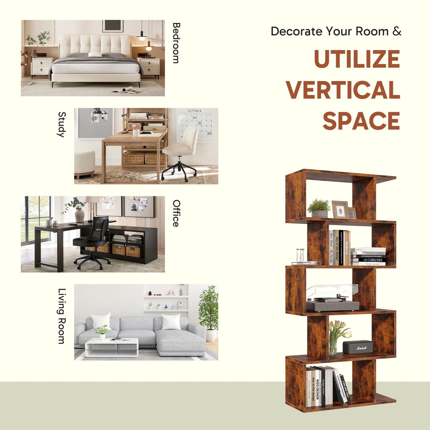 JHK Five Tier S Shaped Geometric Wooden Bookcase Display Shelf