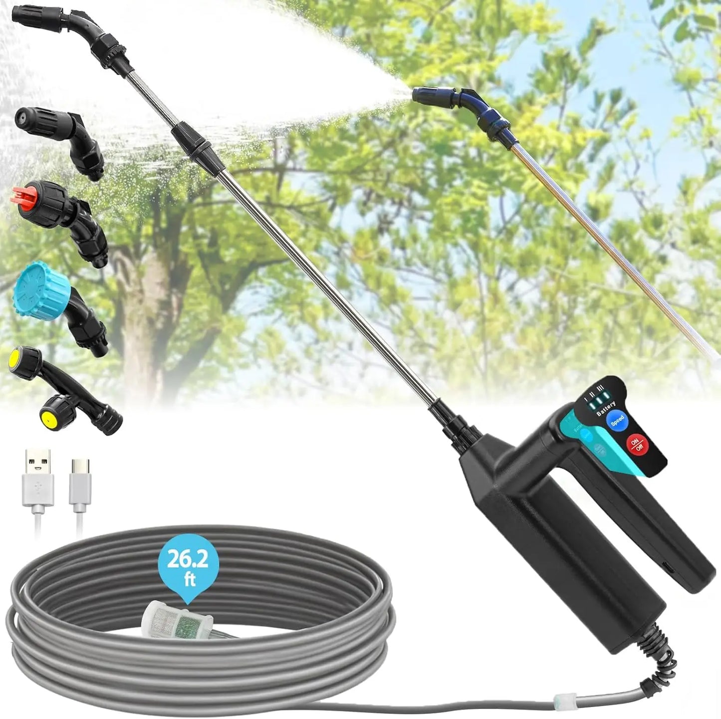 Battery Powered Garden Sprayer With Telescopic Wand And Adjustable Nozzles