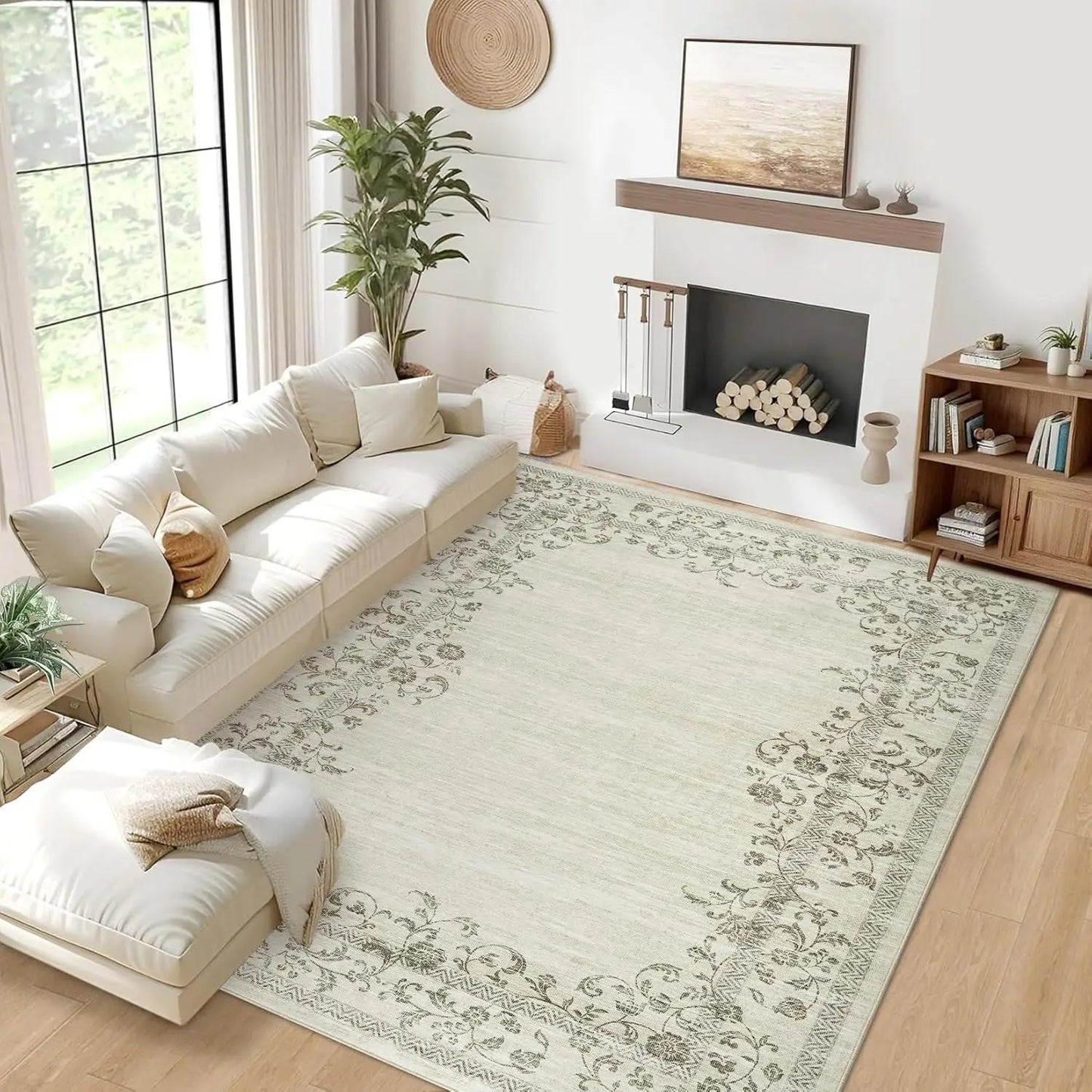 HiMISS Washable Floral Border Area Rug For Living Room