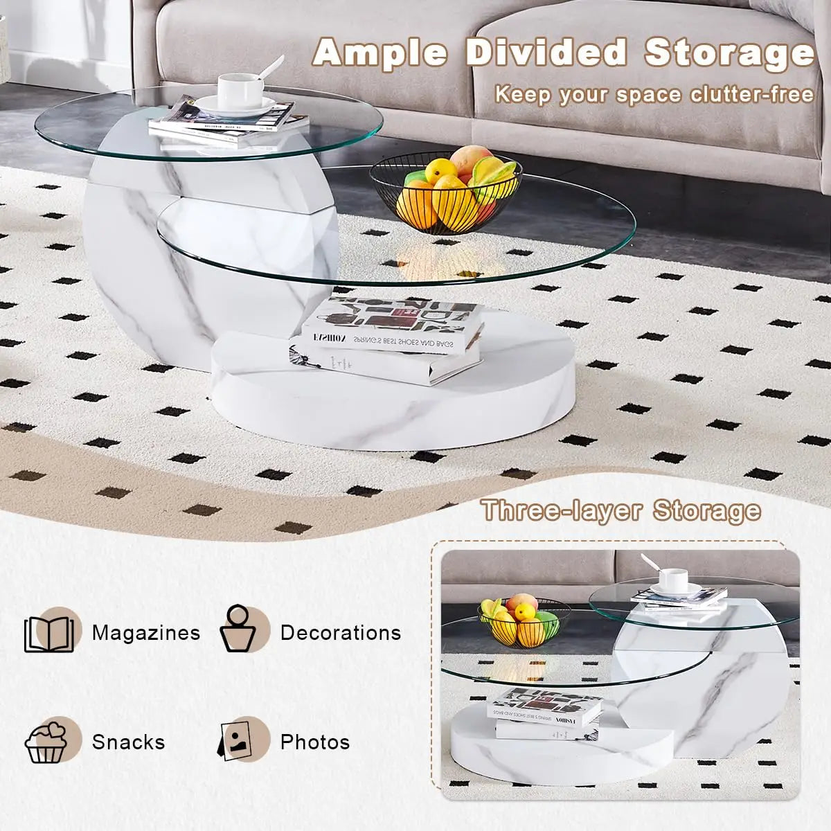 Round Glass Coffee Table With Wood Base Storage Modern Design