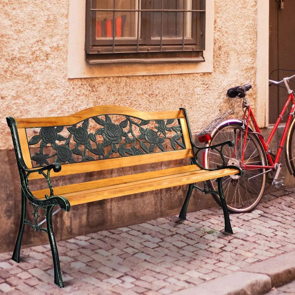 Outdoor Garden Bench With Rose Cast Backrest And Wood Seat