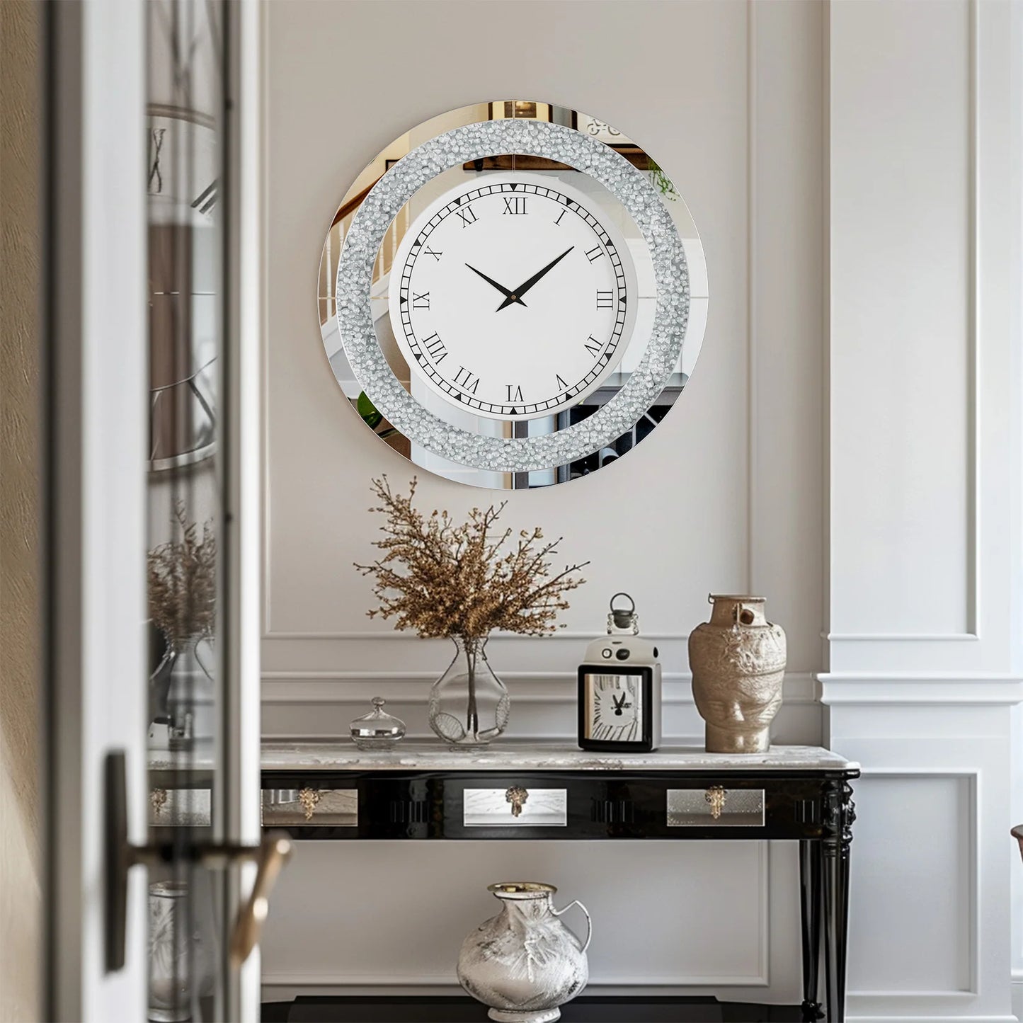 Round Mirror Clock With Crystal Sparkle Accents For Living Room