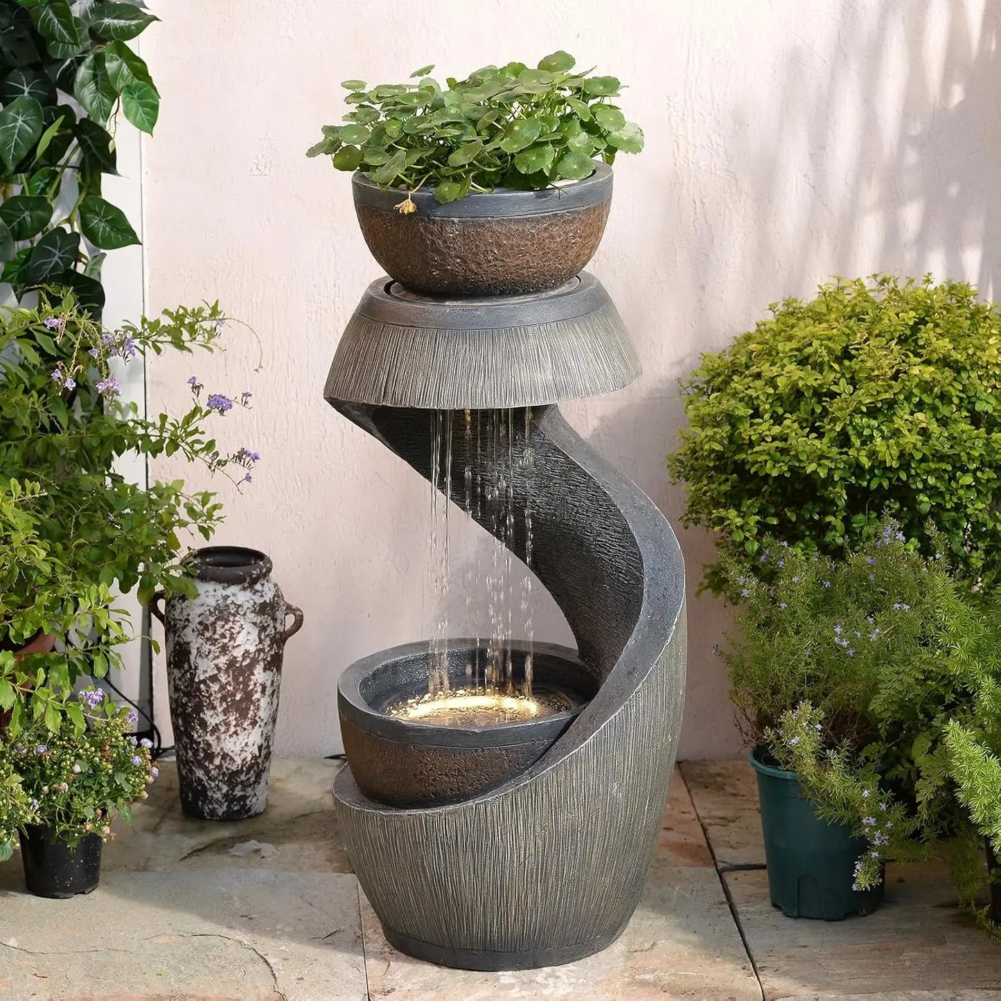 Outdoor S Shaped Water Fountain with Led Lights and Planter