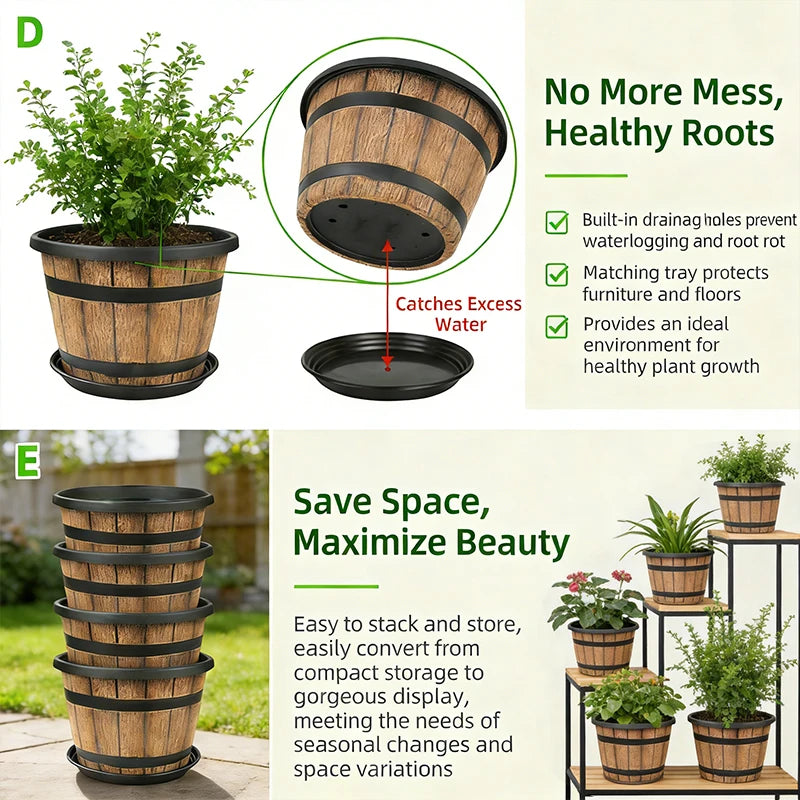 Indoor Resin Planter Barrel Style Flower Pot For Home Balcony