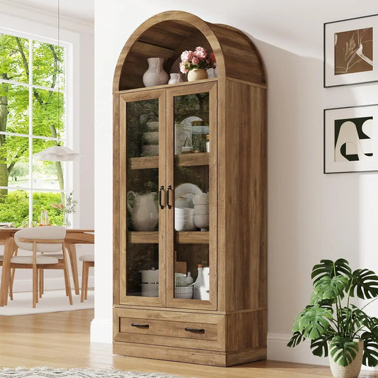 Arched Kitchen Pantry Cabinet With Glass Doors And Steel Frame