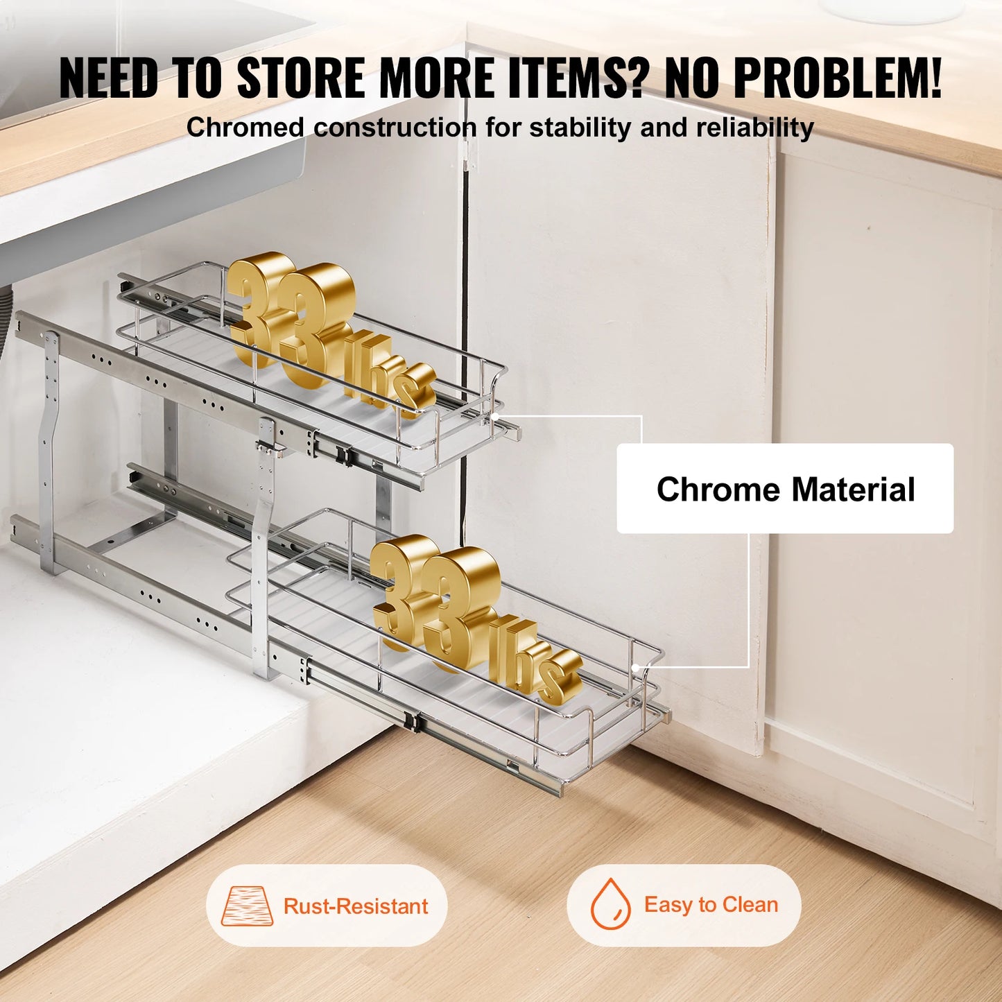 VEVOR Heavy Duty Pull Out Cabinet Organizer Stainless Steel Sliding Drawers