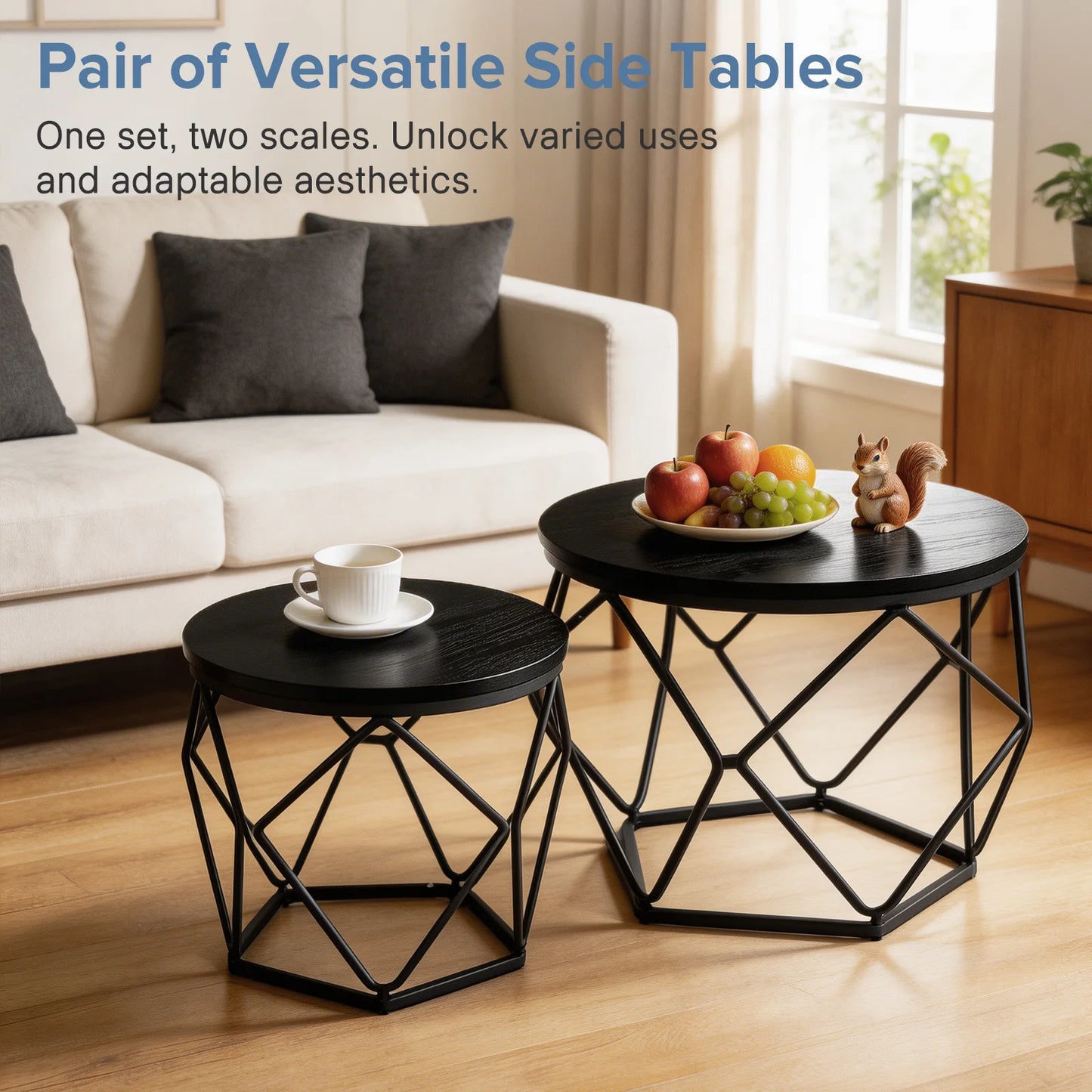 JHK Round Geometric Coffee Tables Set 2 With Hidden Storage