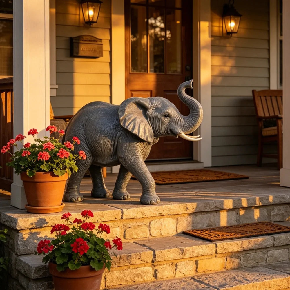 Resin Elephant Statue With Raised Trunk For Outdoor Garden Decor