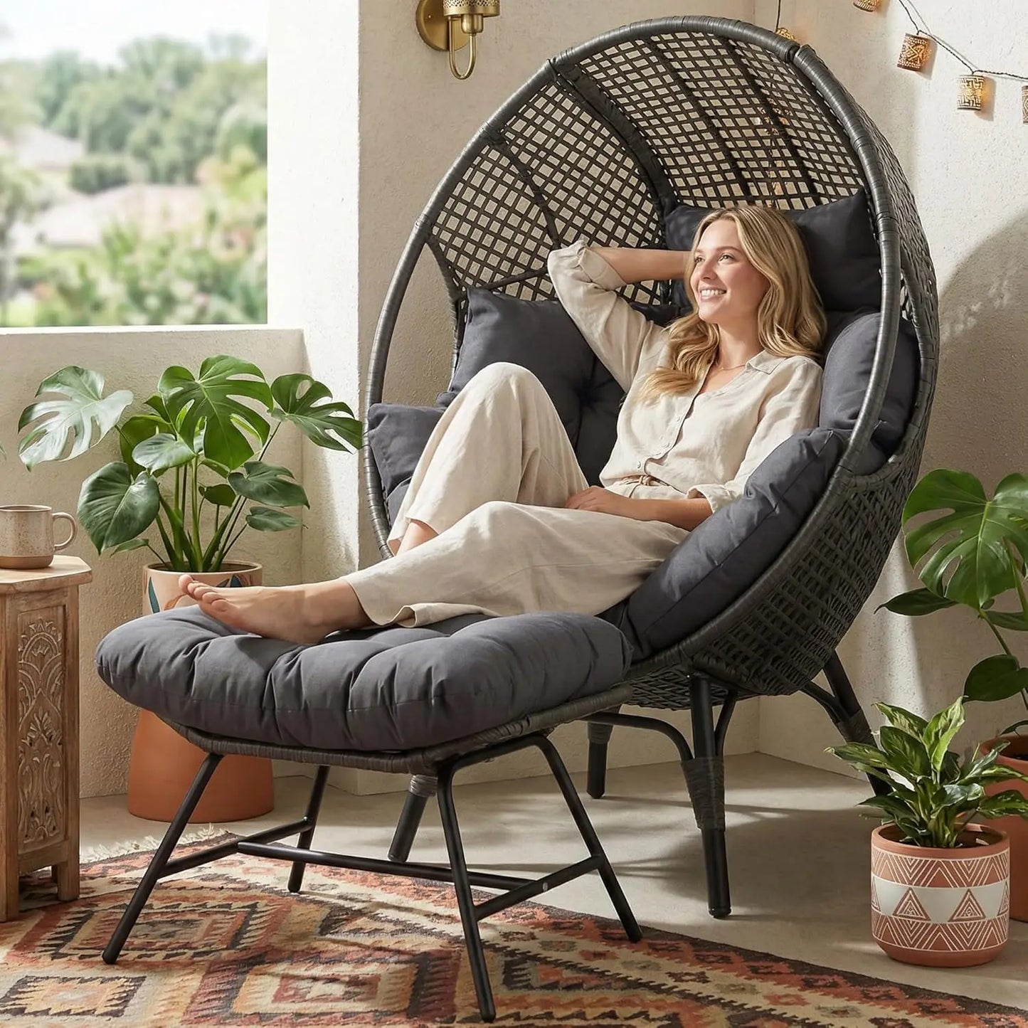Indoor Outdoor Egg Chair With Ottoman Cushioned Lounge Footrest
