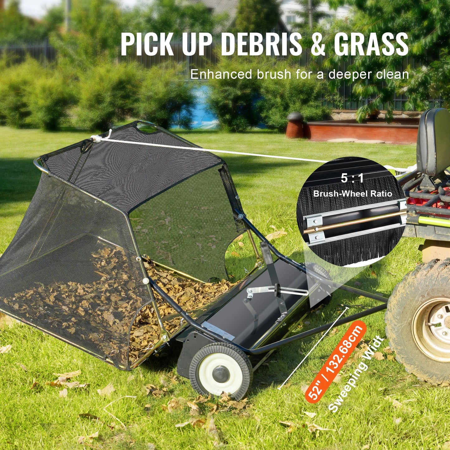 SucceBuy Heavy Duty Lawn Sweeper Tow Behind Leaf Debris Collector