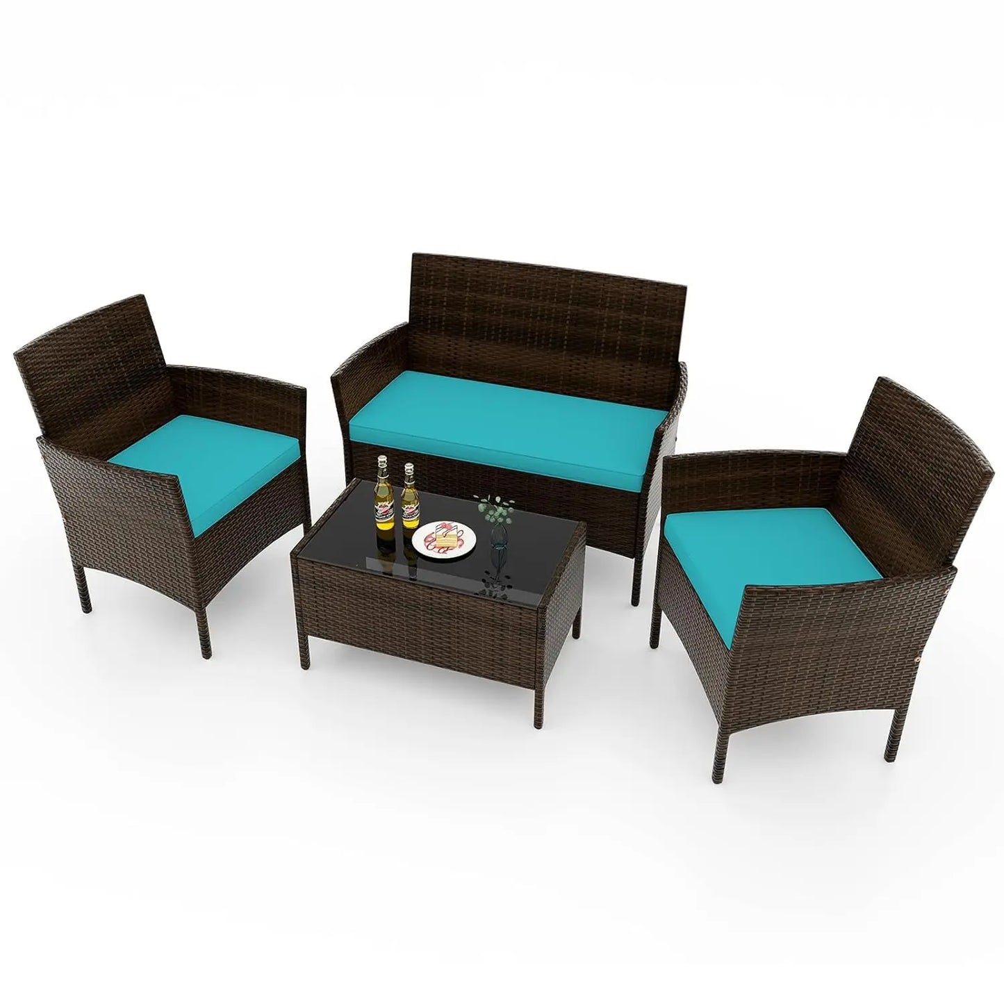 Rattan Outdoor 4-Piece Patio Set With Cushions And Glass Coffee Table