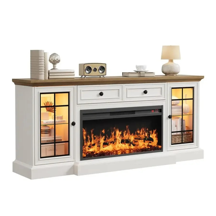 Farmhouse Media Console Entertainment Center With Electric Fireplace Led Lights