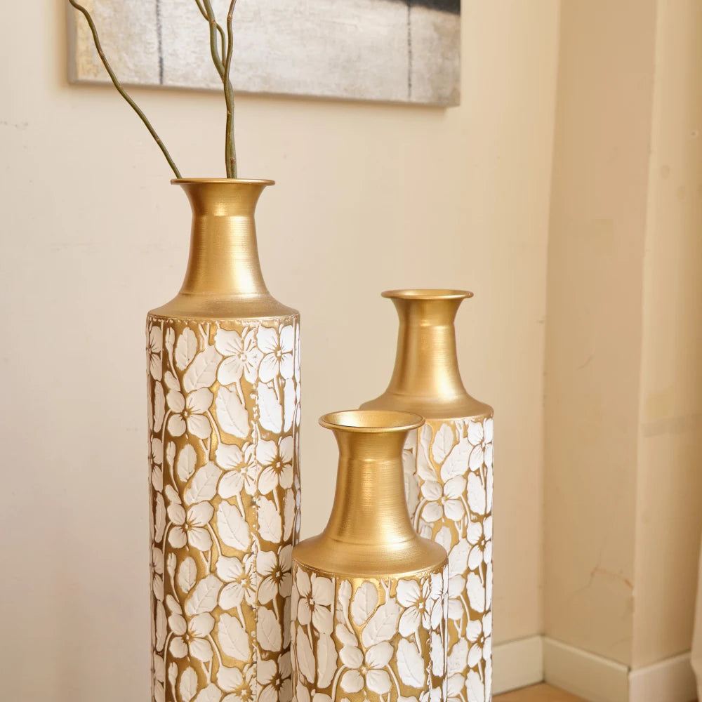 Modern Gold Leaf Pattern Metal Floor Vases Set Home Decor