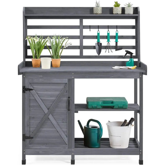 Outdoor Potting Bench Workstation With Storage Cabinet Shelving