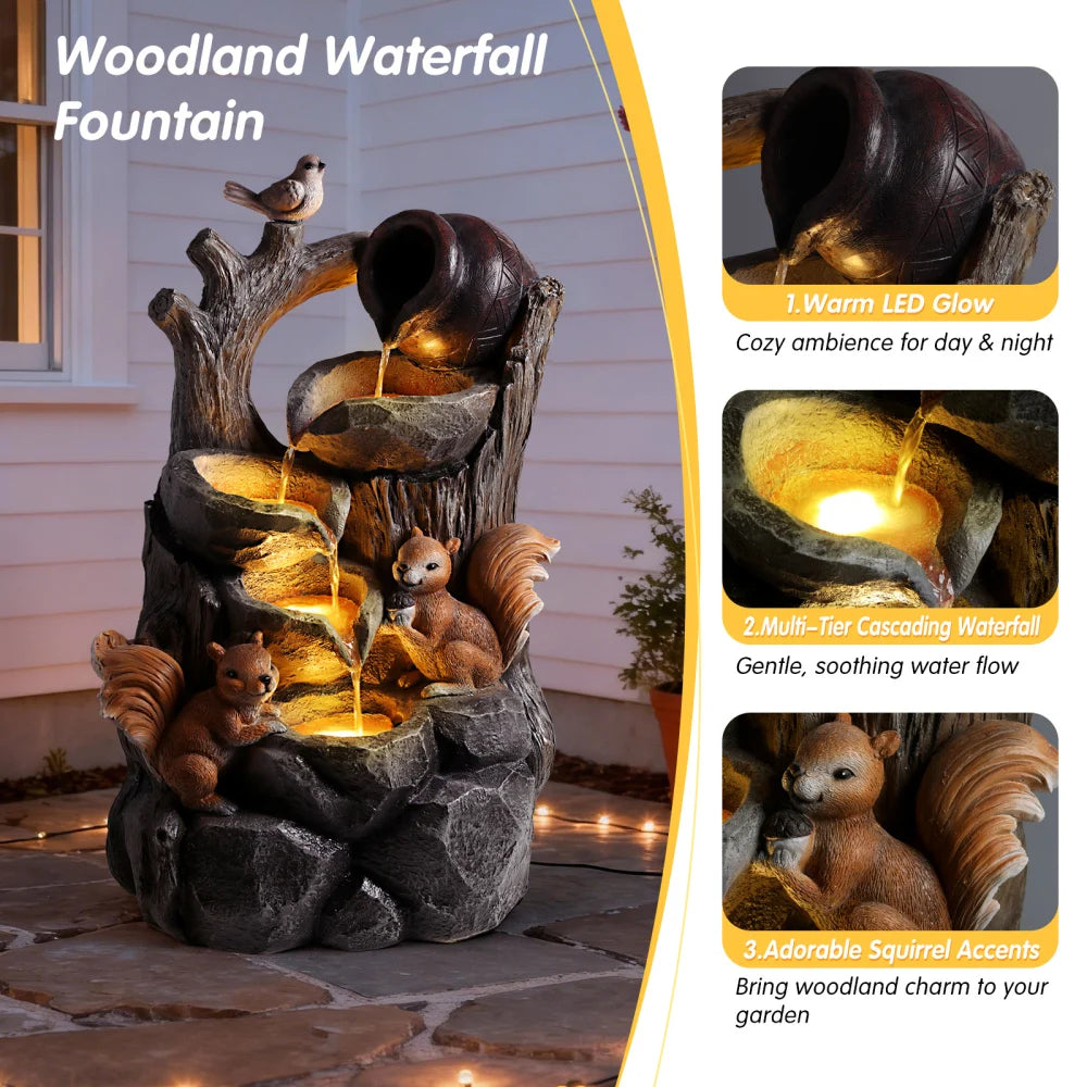 Squirrel Tree Stump Waterfall Fountain With Lights For Garden Patio