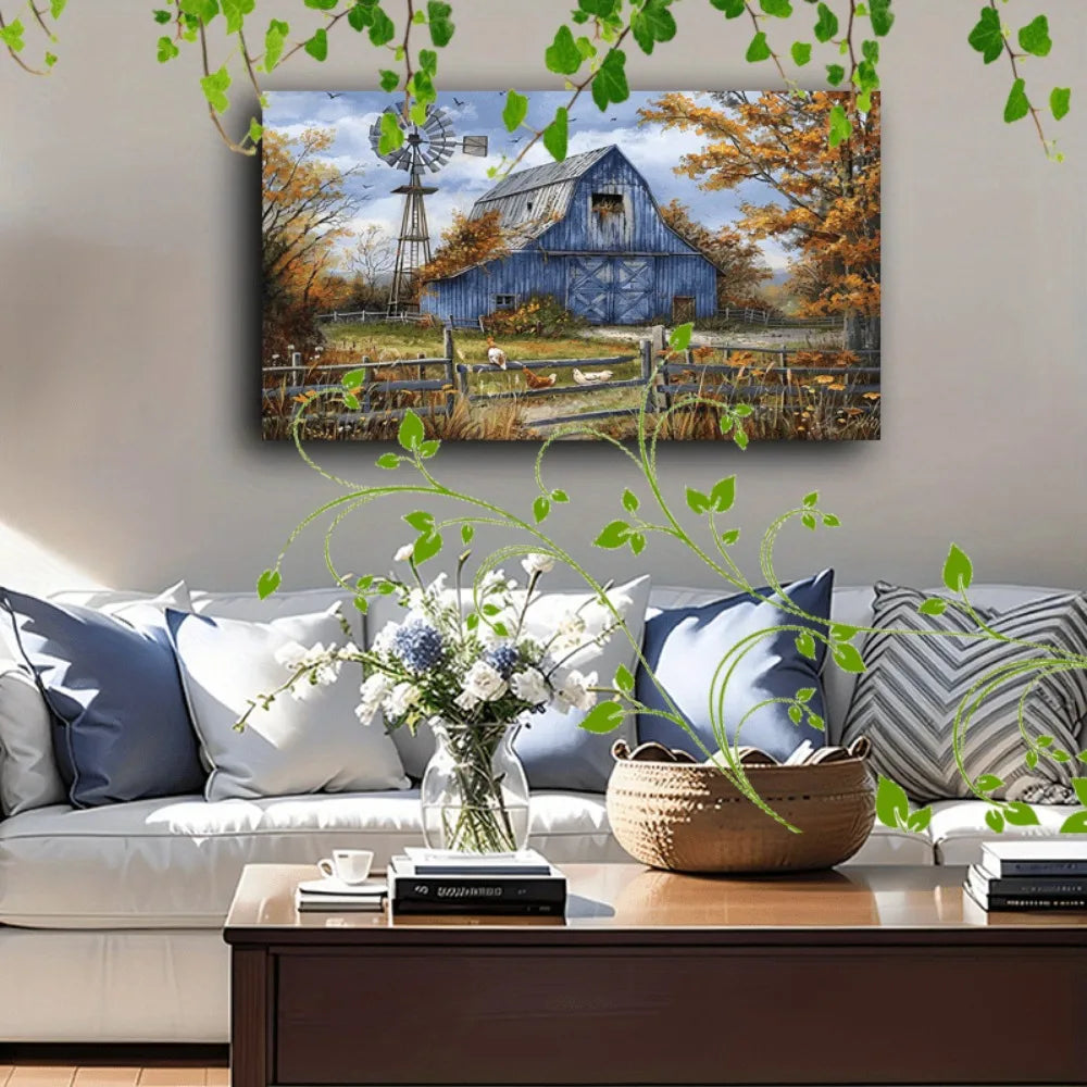 Country Farmhouse Canvas Art With Wooden Frame Autumn Scene