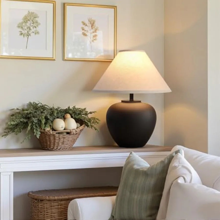 Ceramic Pot Table Lamp With Frosted Shade Nightstand
