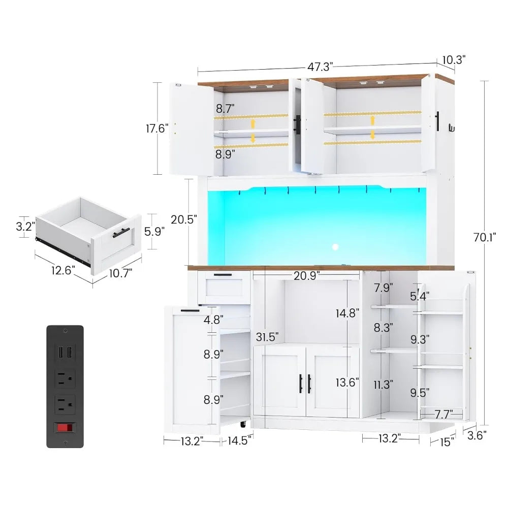Pantry Cabinet With Microwave Stand And Charging Station LED Light