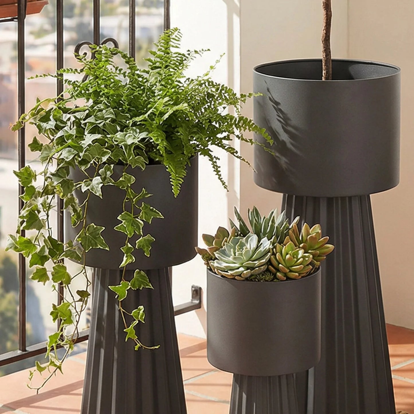Metal Plant Pots With Stand Set For Indoor Outdoor Decor