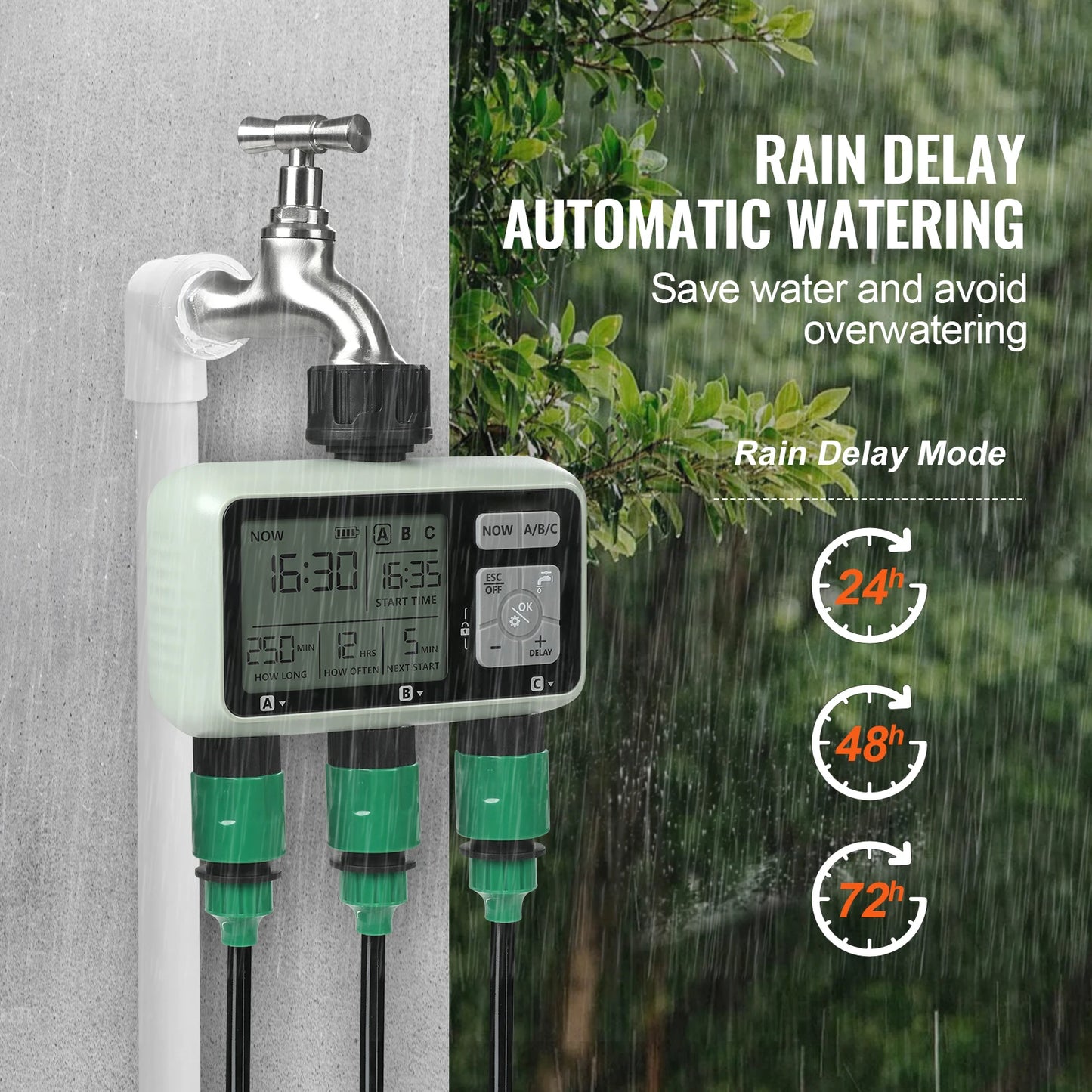 SucceBuy Water Timer With 3 Outlets, 3 Independent Zones LCD Display Rain Delay