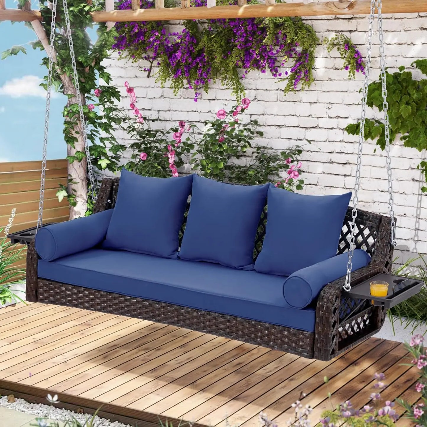 Outdoor 3 Seat Porch Swing with Cup Holders and Cushions