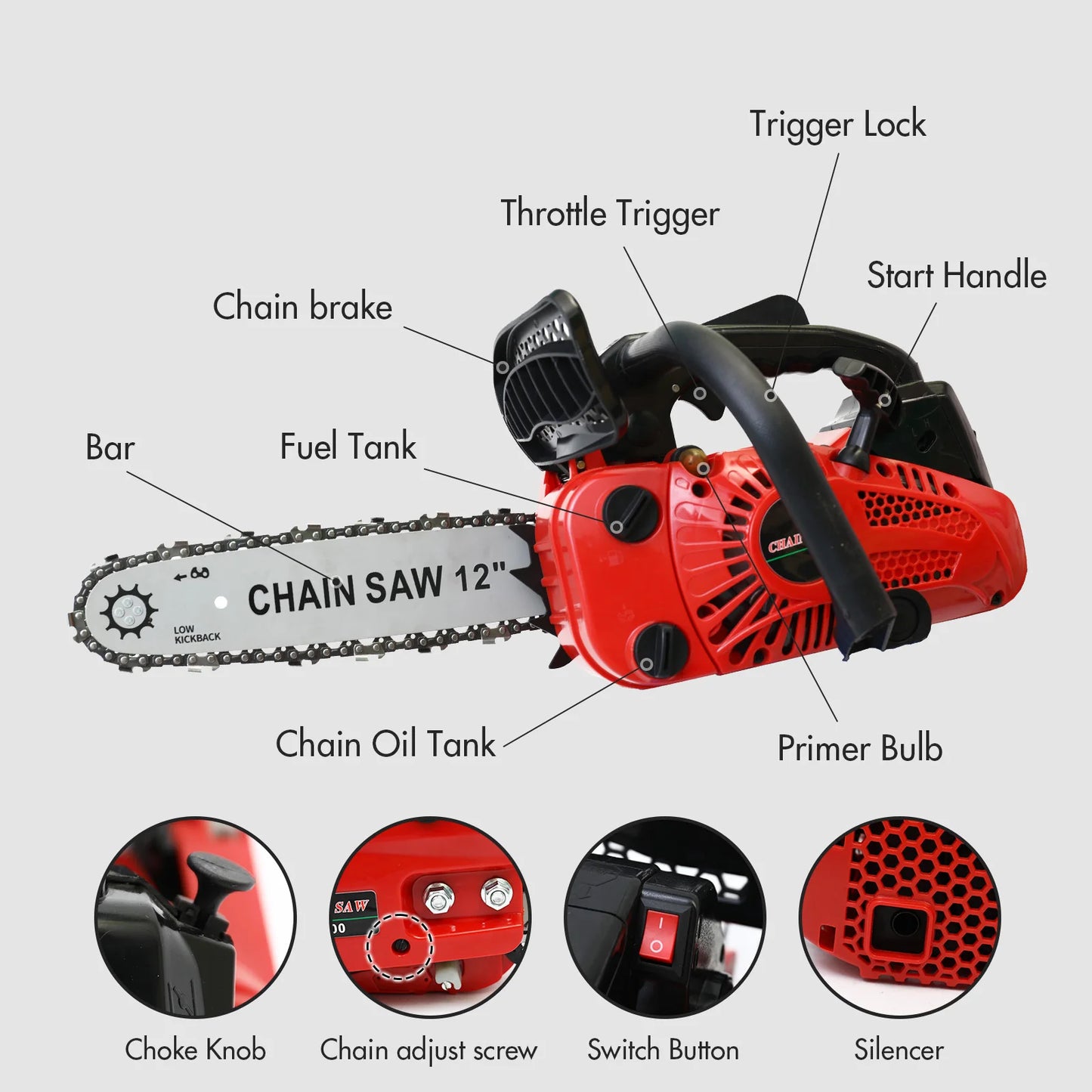 Gasoline Portable Chainsaw 2 Stroke 25.4cc 1000W Tree Trimming