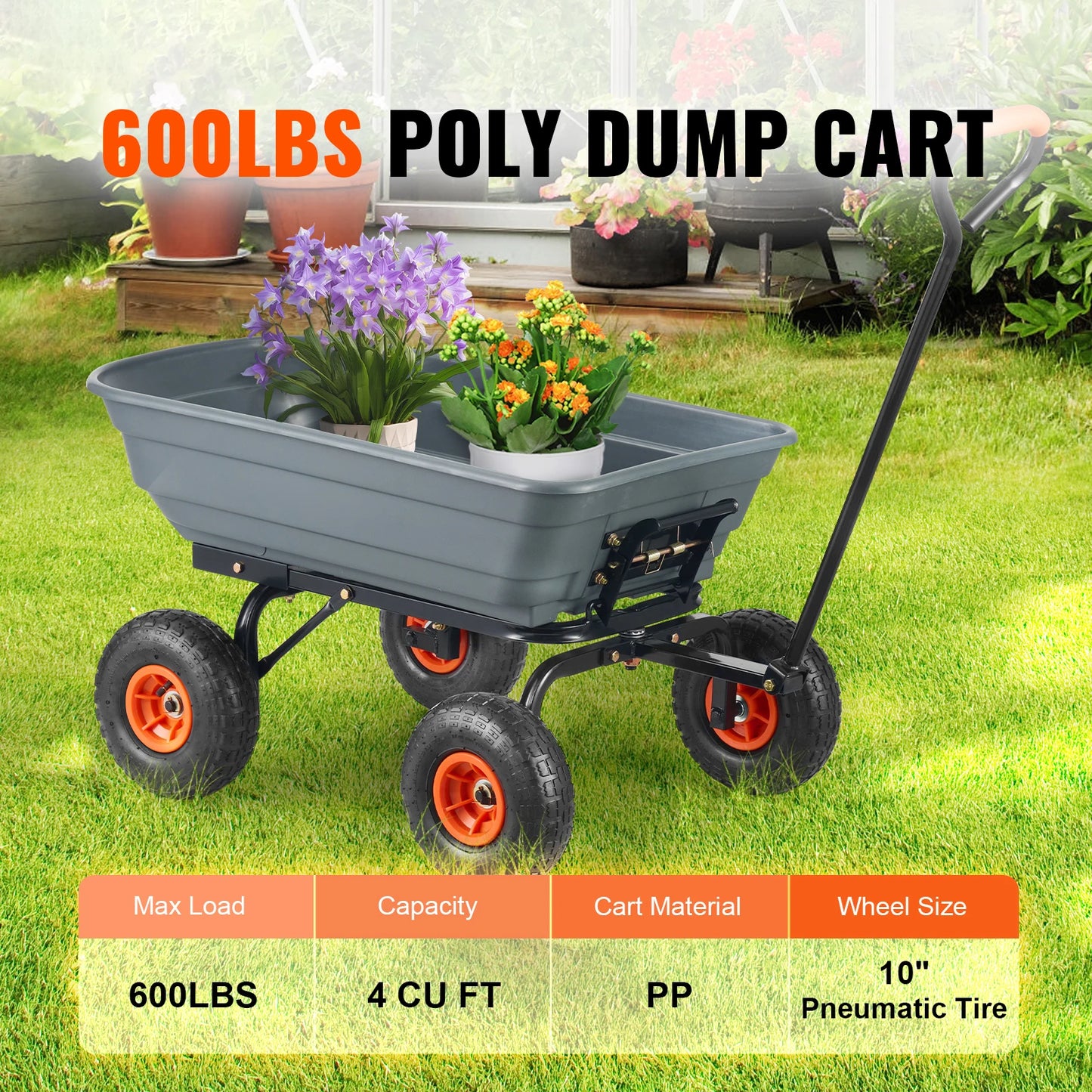 SucceBuy Poly Garden Dump Cart With Steel Frame 2-In-1 Handle