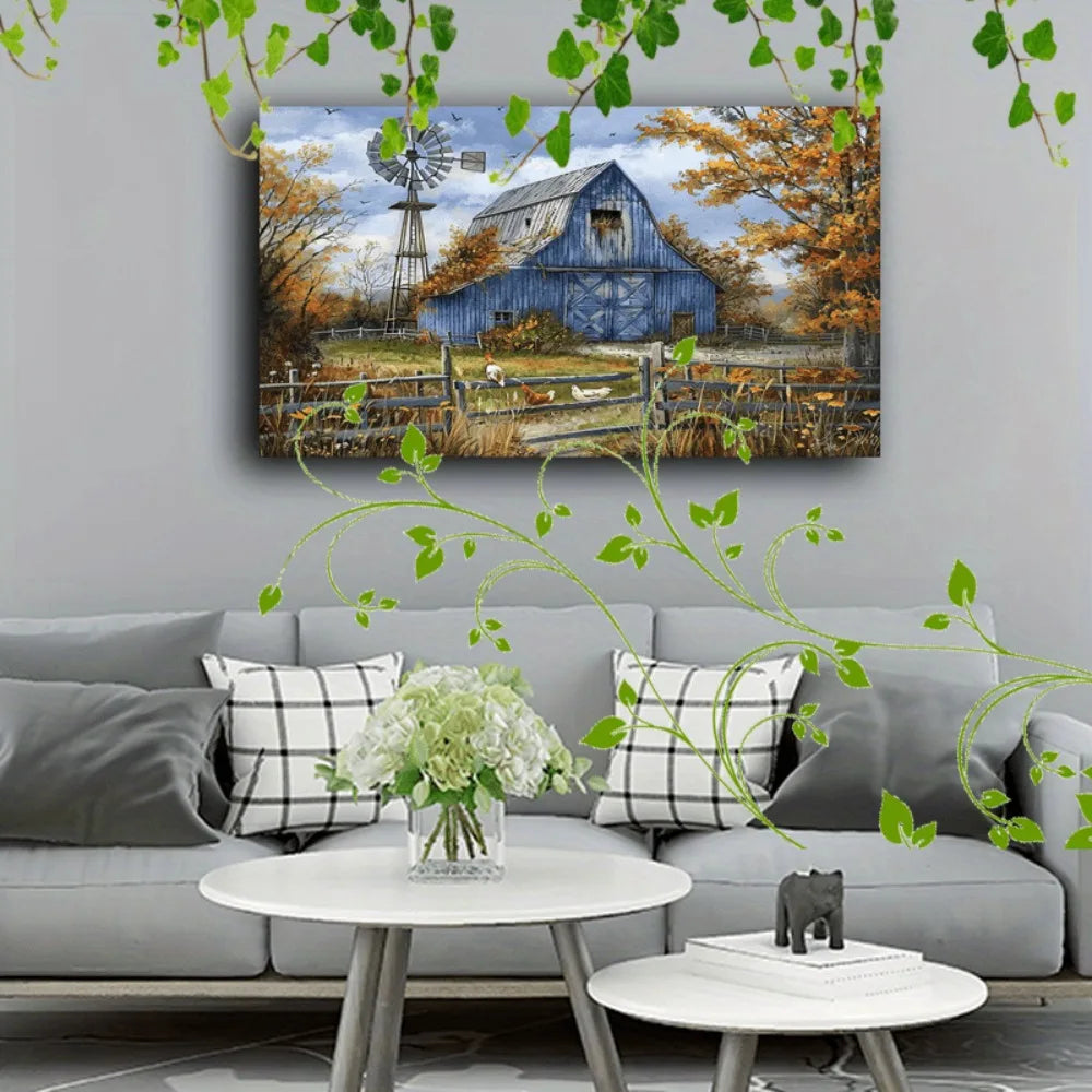 Country Farmhouse Canvas Art With Wooden Frame Autumn Scene