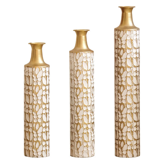 Modern Gold Leaf Pattern Metal Floor Vases Set Home Decor