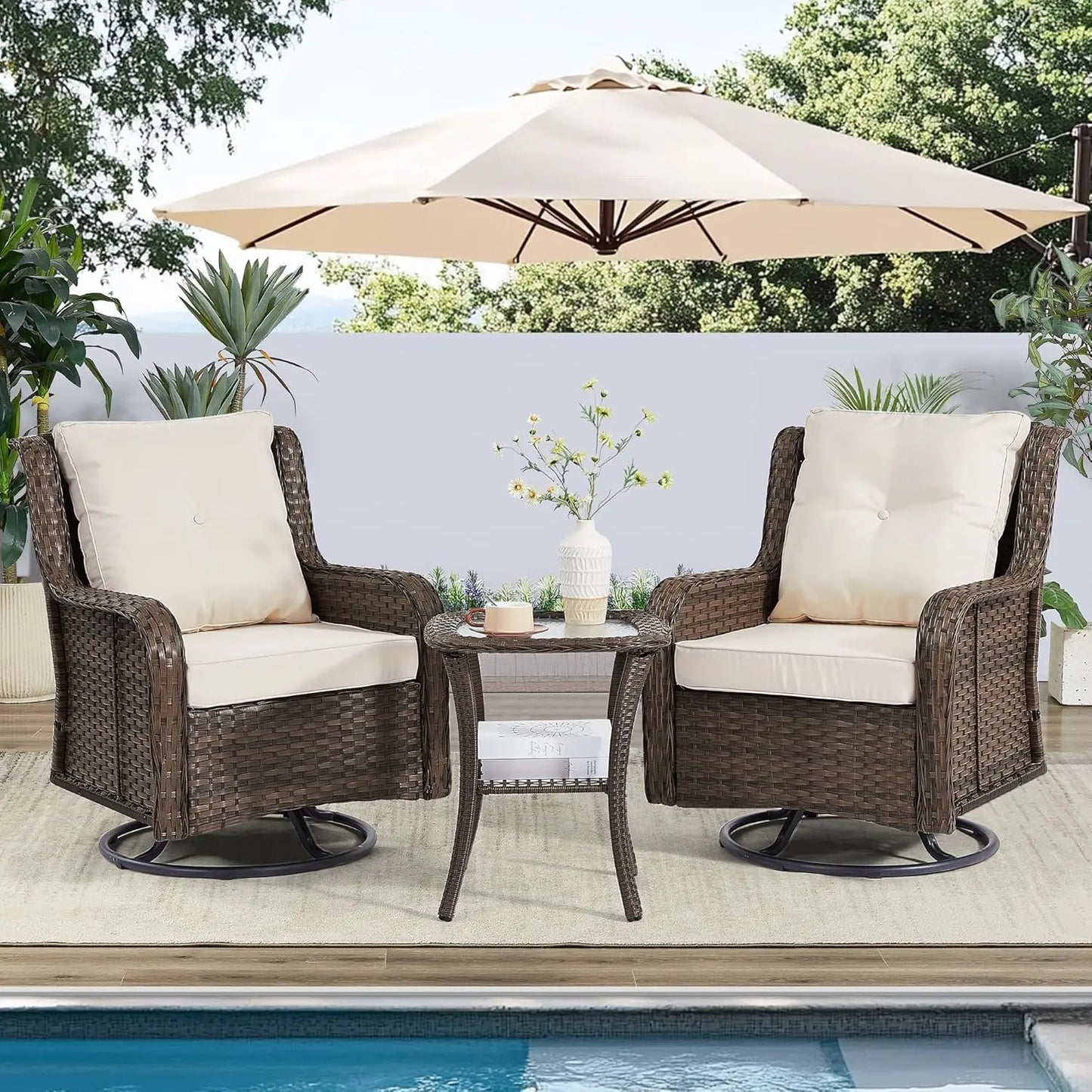 360 Degree Swivel Patio Set Wicker Chairs And Side Table