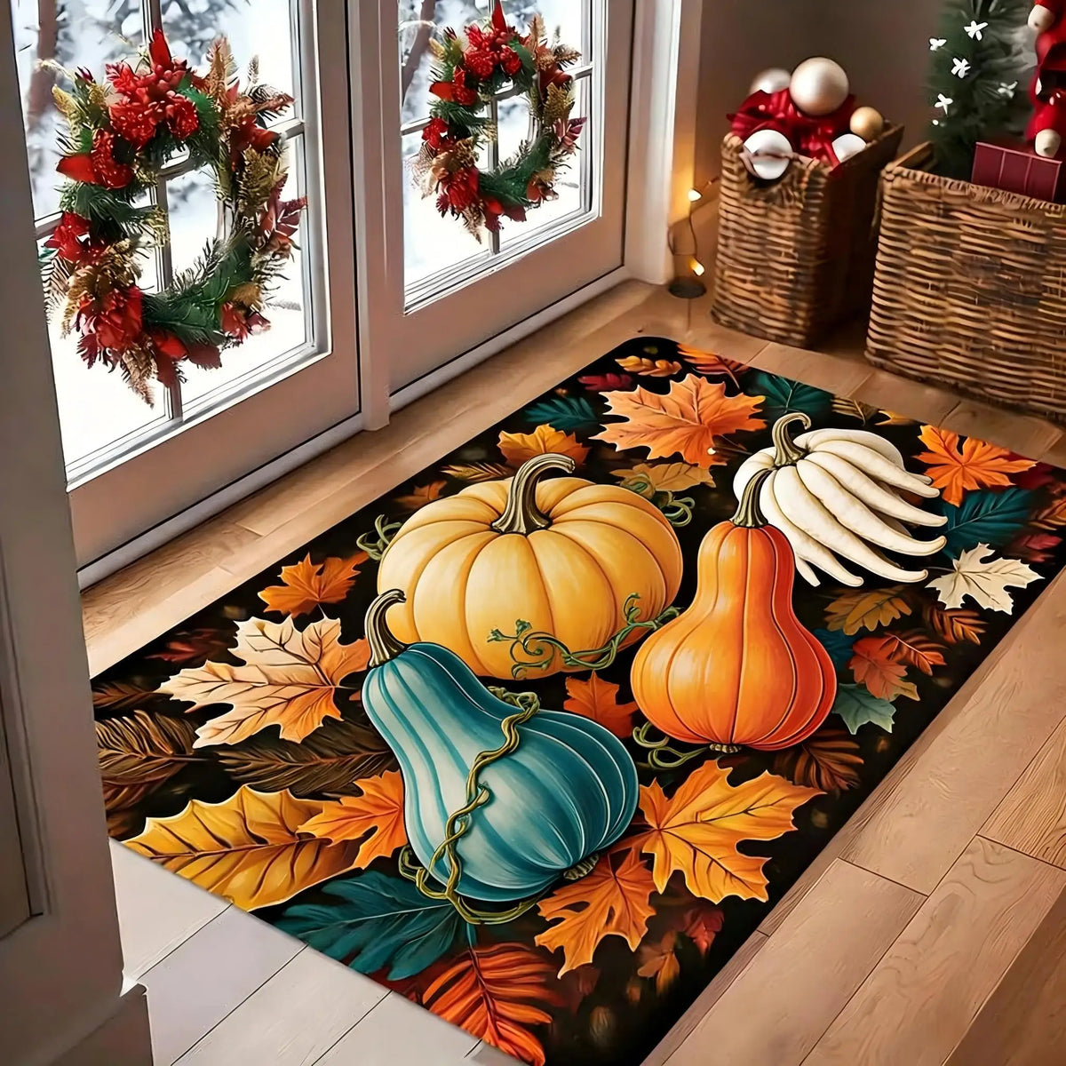 Autumn Pumpkin Leaf Doormat Non Slip Entrance Floor Rug