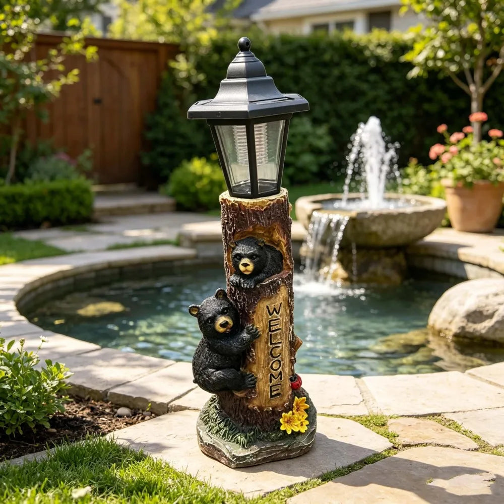 Solar Powered Bear Welcome Statue For Garden