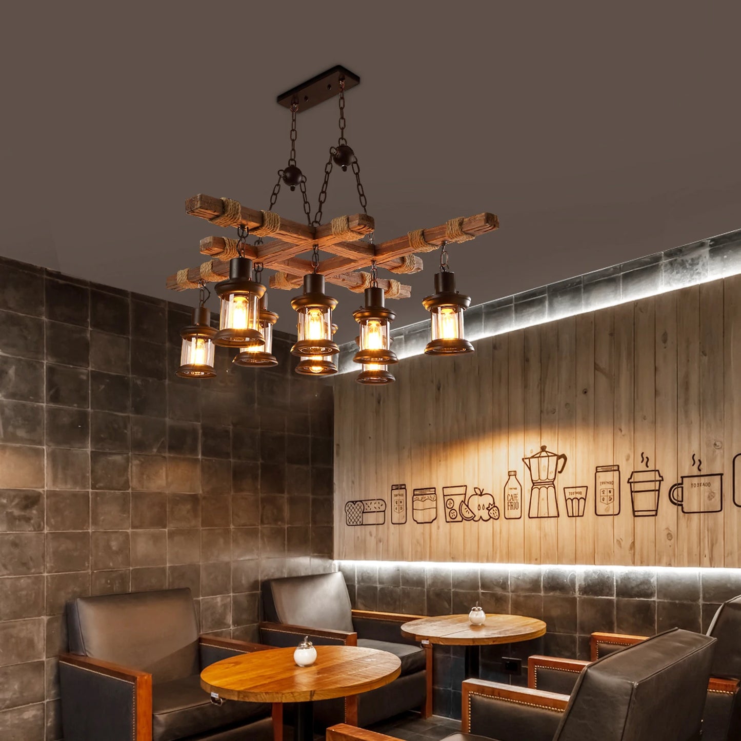 Vintage Wood Ceiling Chandelier Retro Industrial Pendant Lamp