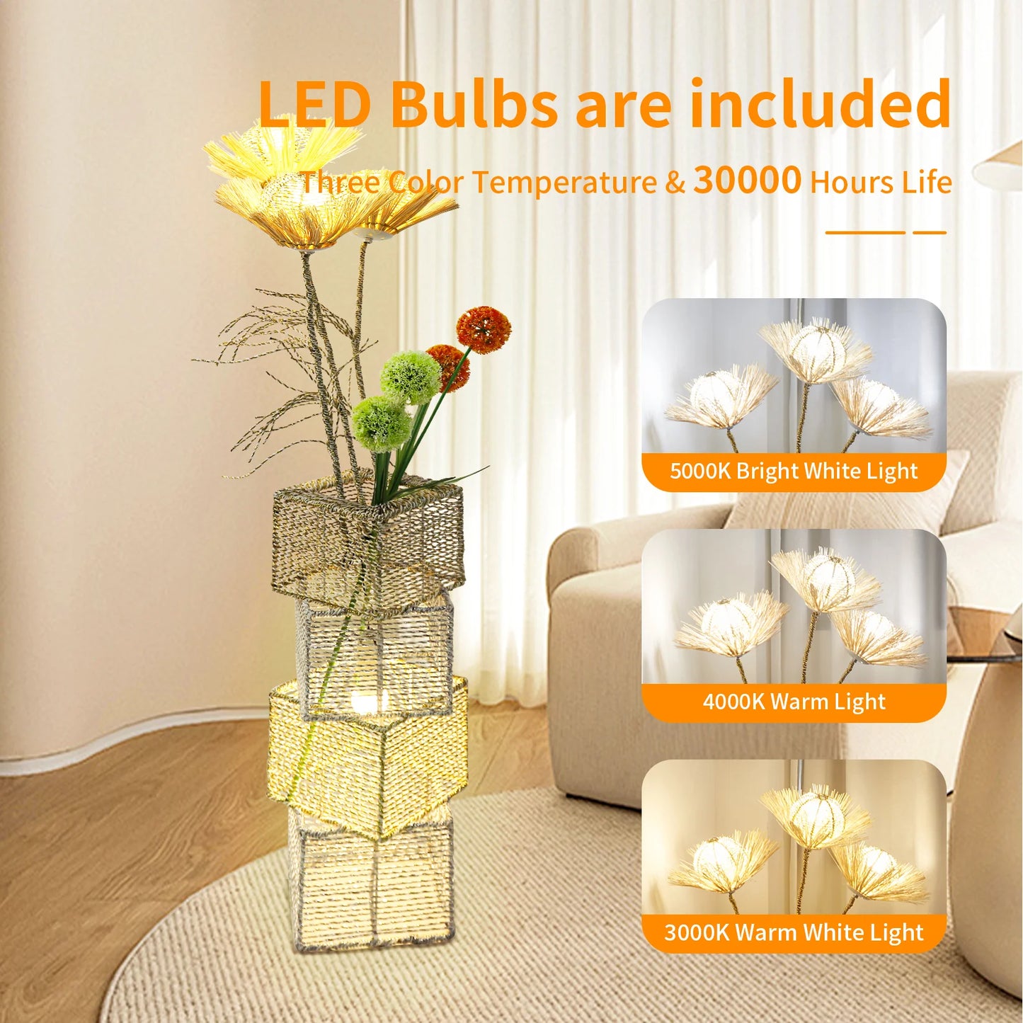 Modern Rattan Floor Lamp With Dimmable LED Night Light