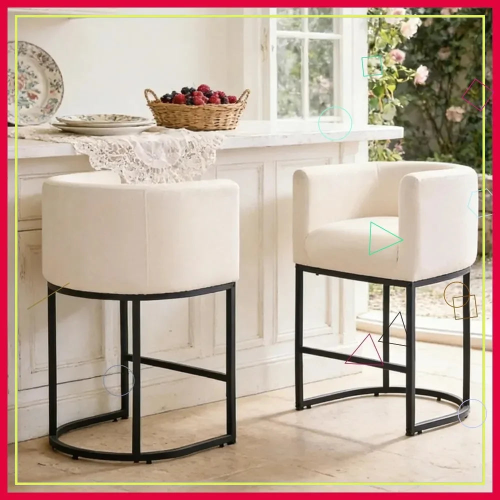 Modern Barrel Counter Stool Set Of 2 With Backrest And Arms Linen Upholstered