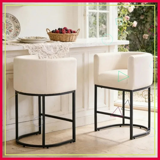Modern Barrel Counter Stool Set Of 2 With Backrest And Arms Linen Upholstered