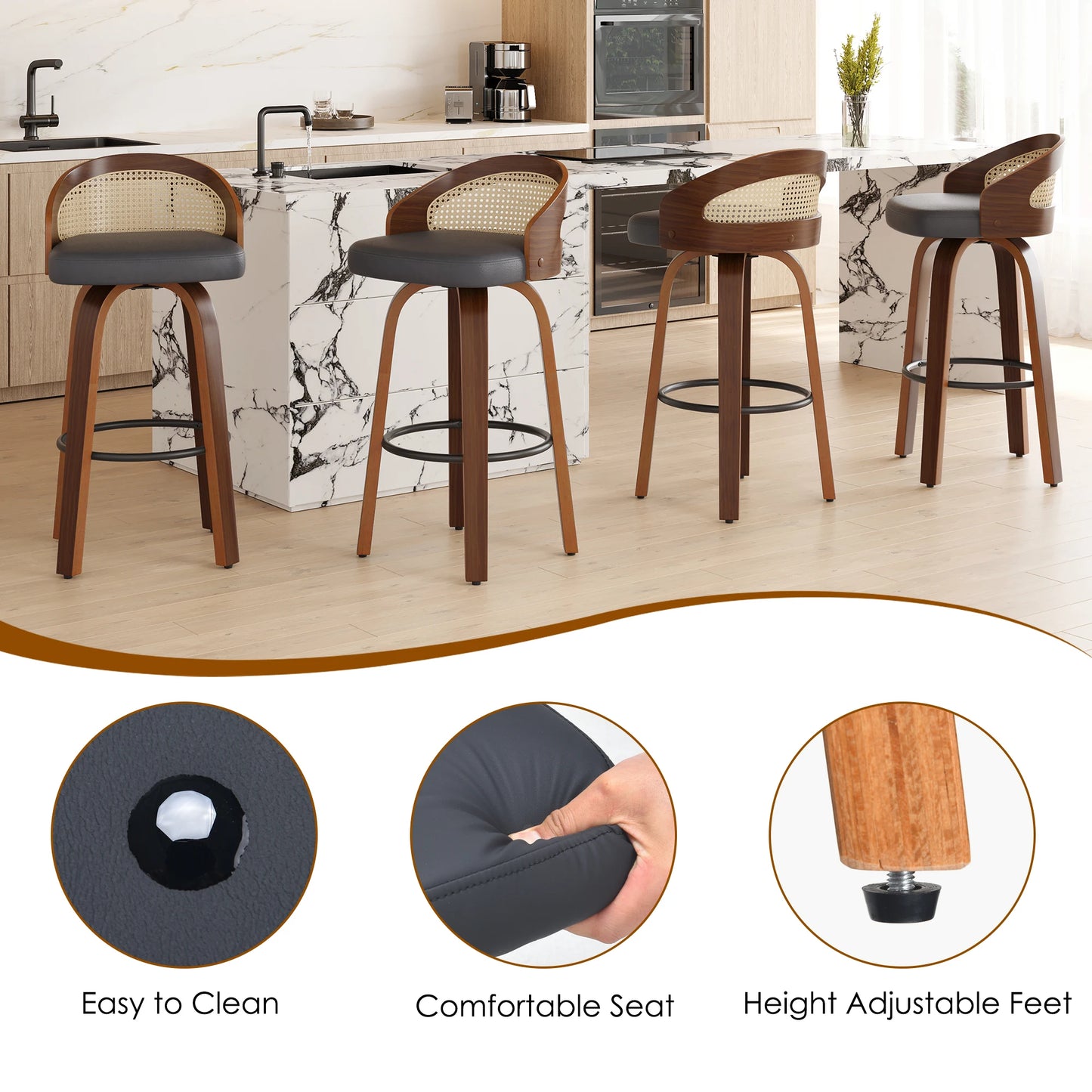 FARINI 2 Bar Stools With Rattan Back And PU Leather
