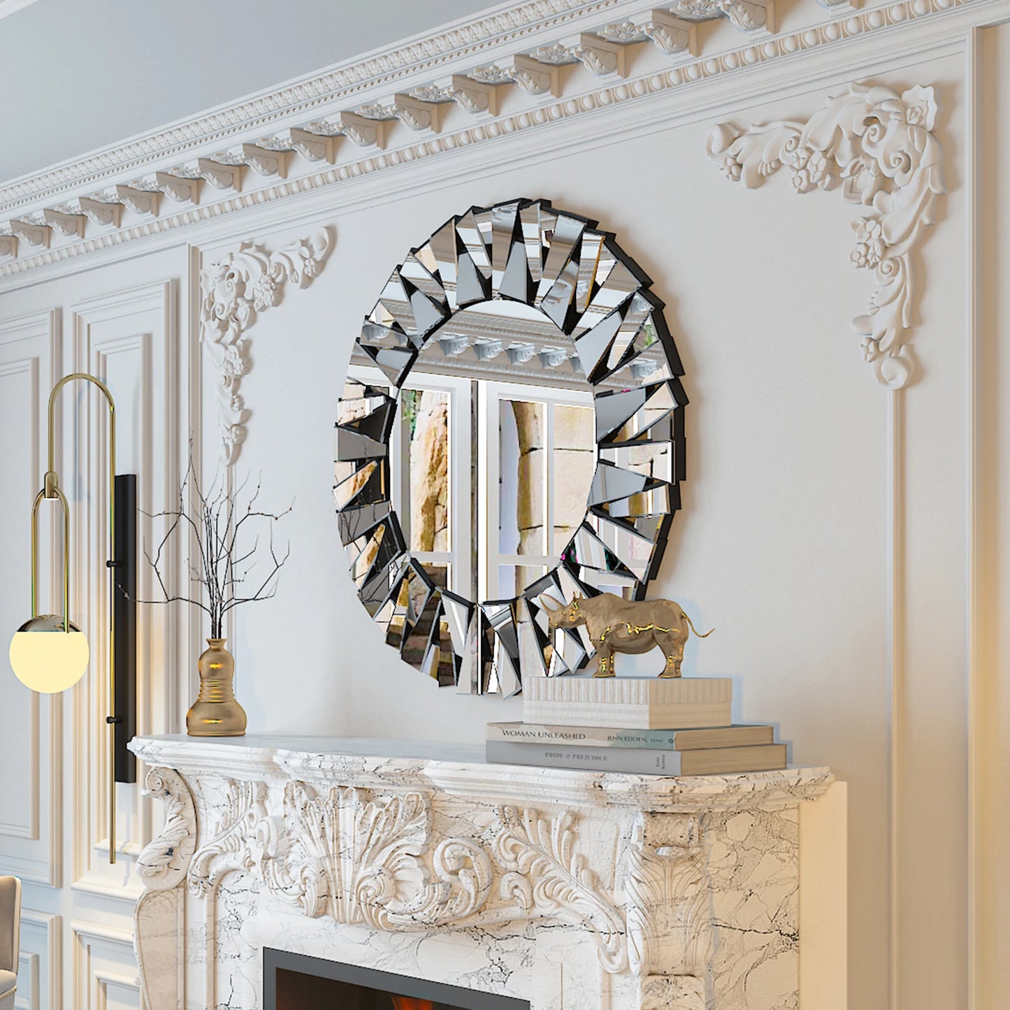 Sunburst Round Mirror Wall Decor With Beveled Glass