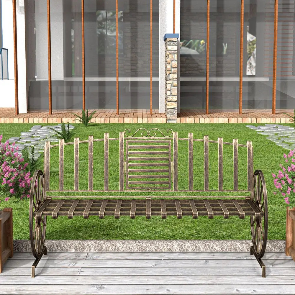 Outdoor Garden Bench With Built In Table And Wagon Wheel