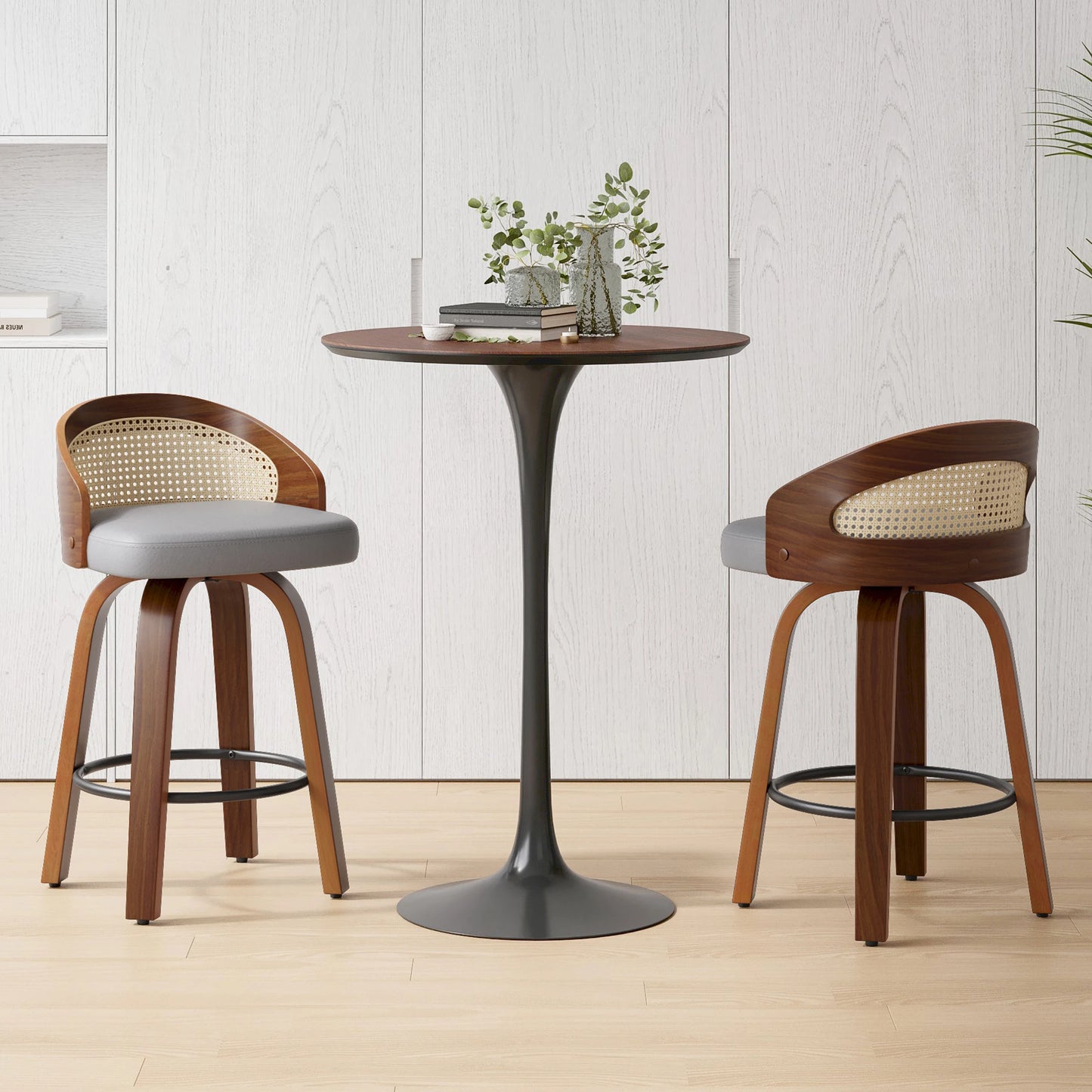 FARINI 2 Bar Stools With Rattan Back And PU Leather