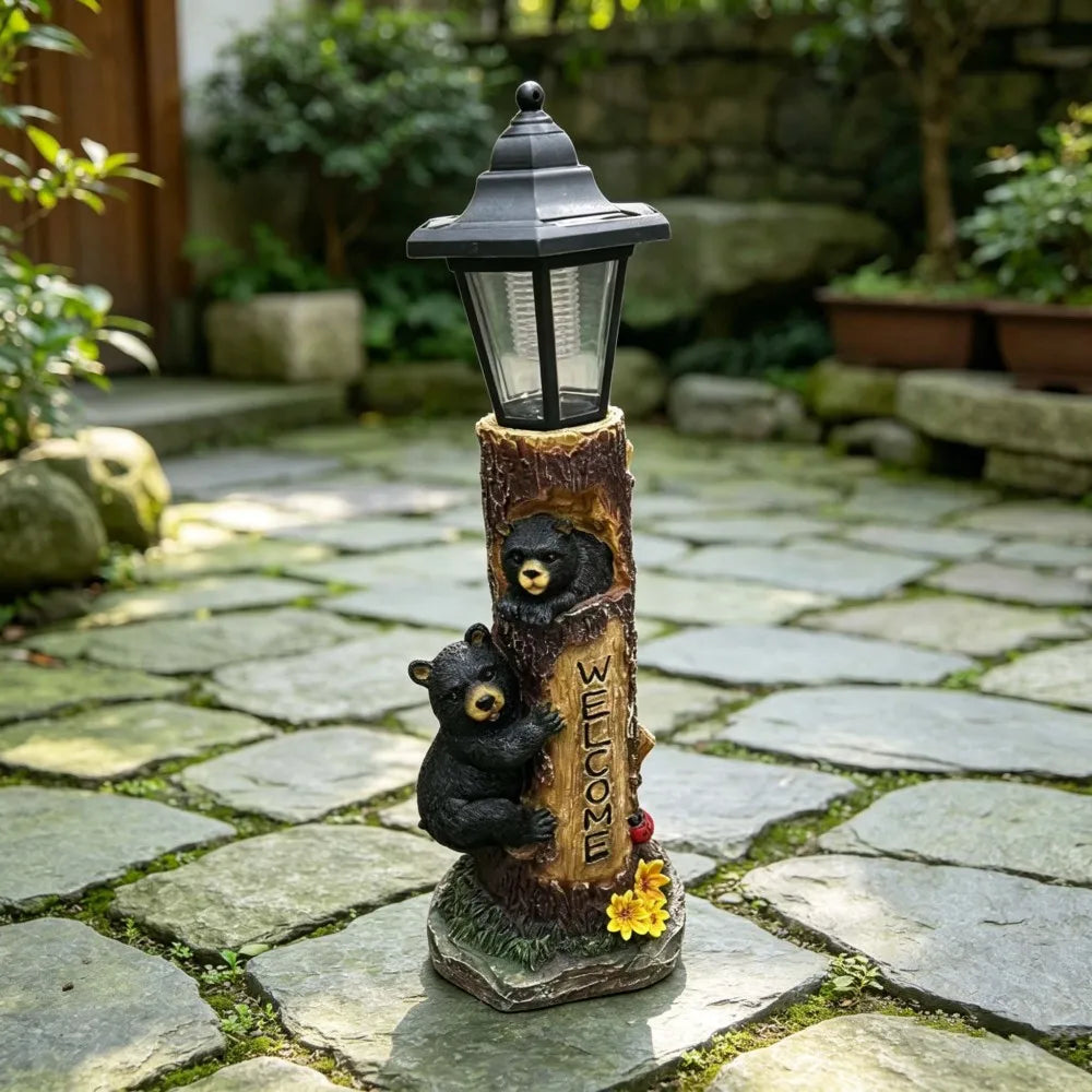 Solar Powered Bear Welcome Statue For Garden