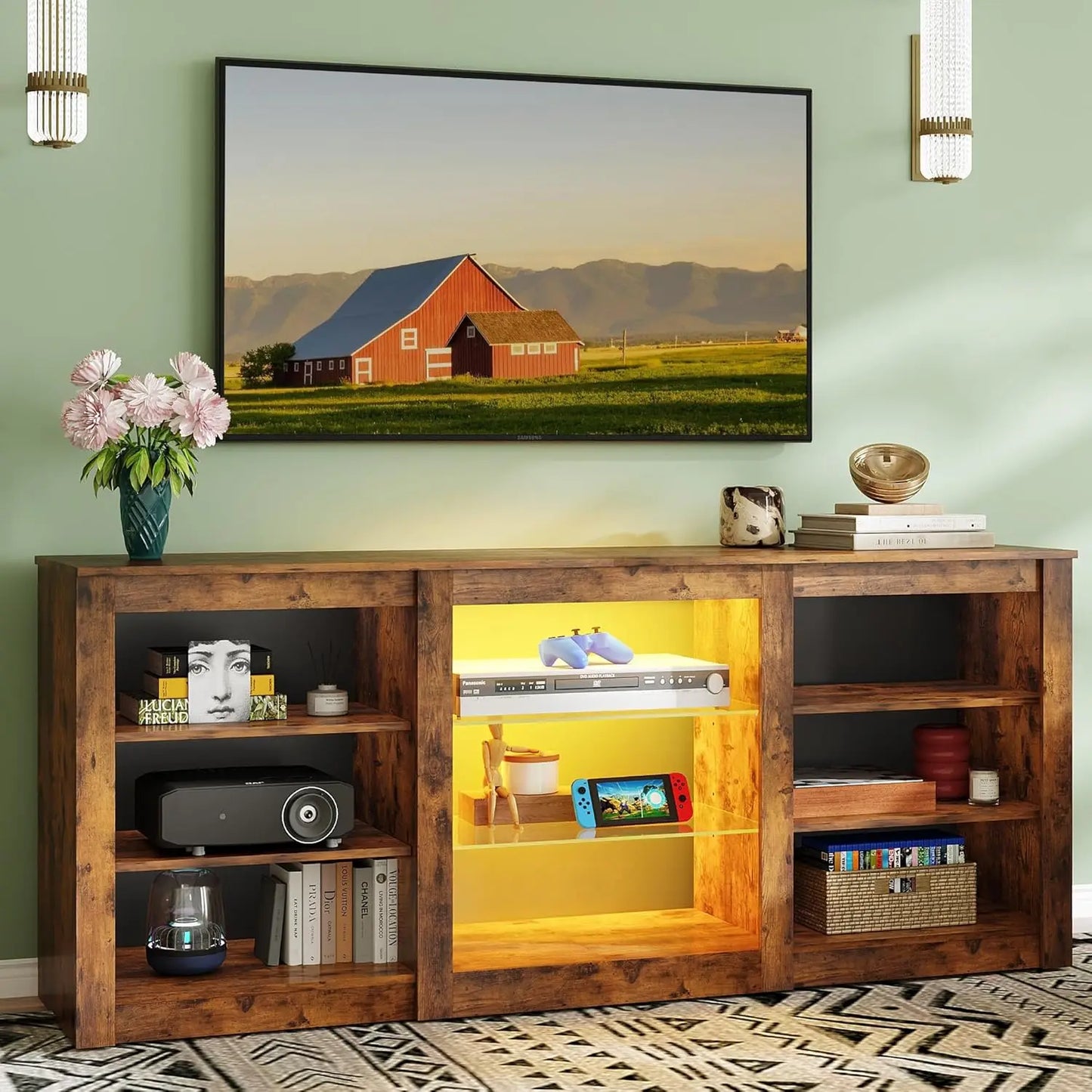 Modern TV Stand With Adjustable Shelves And RGB LED Lighting