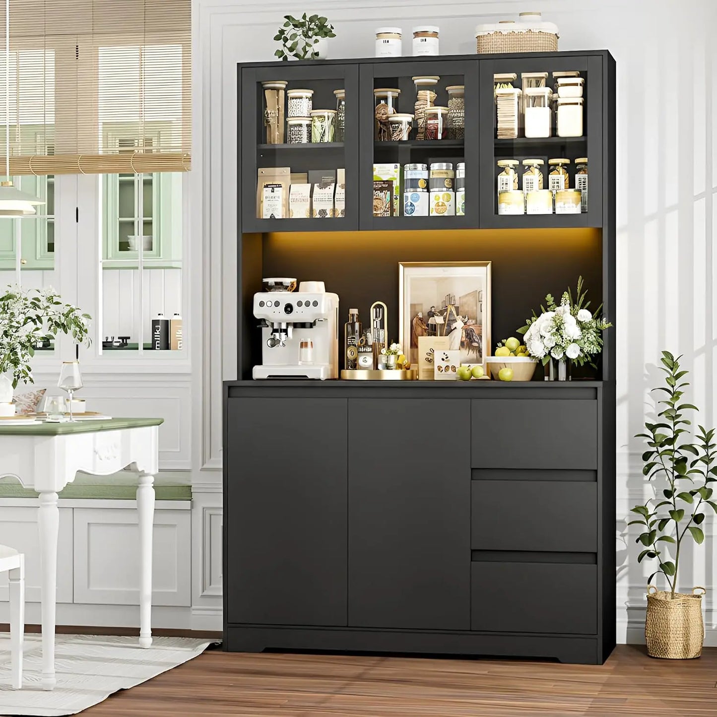 Kitchen Pantry Cabinet With LED Lights And Charging Station
